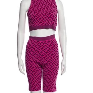 Versace La Greca Jacquard Pink and Black Crop Top and Bermuda Shorts set Sz 40